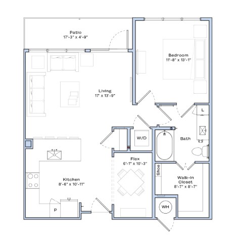 Floor plan for 1 bed, 1 bath, 878 sqft
